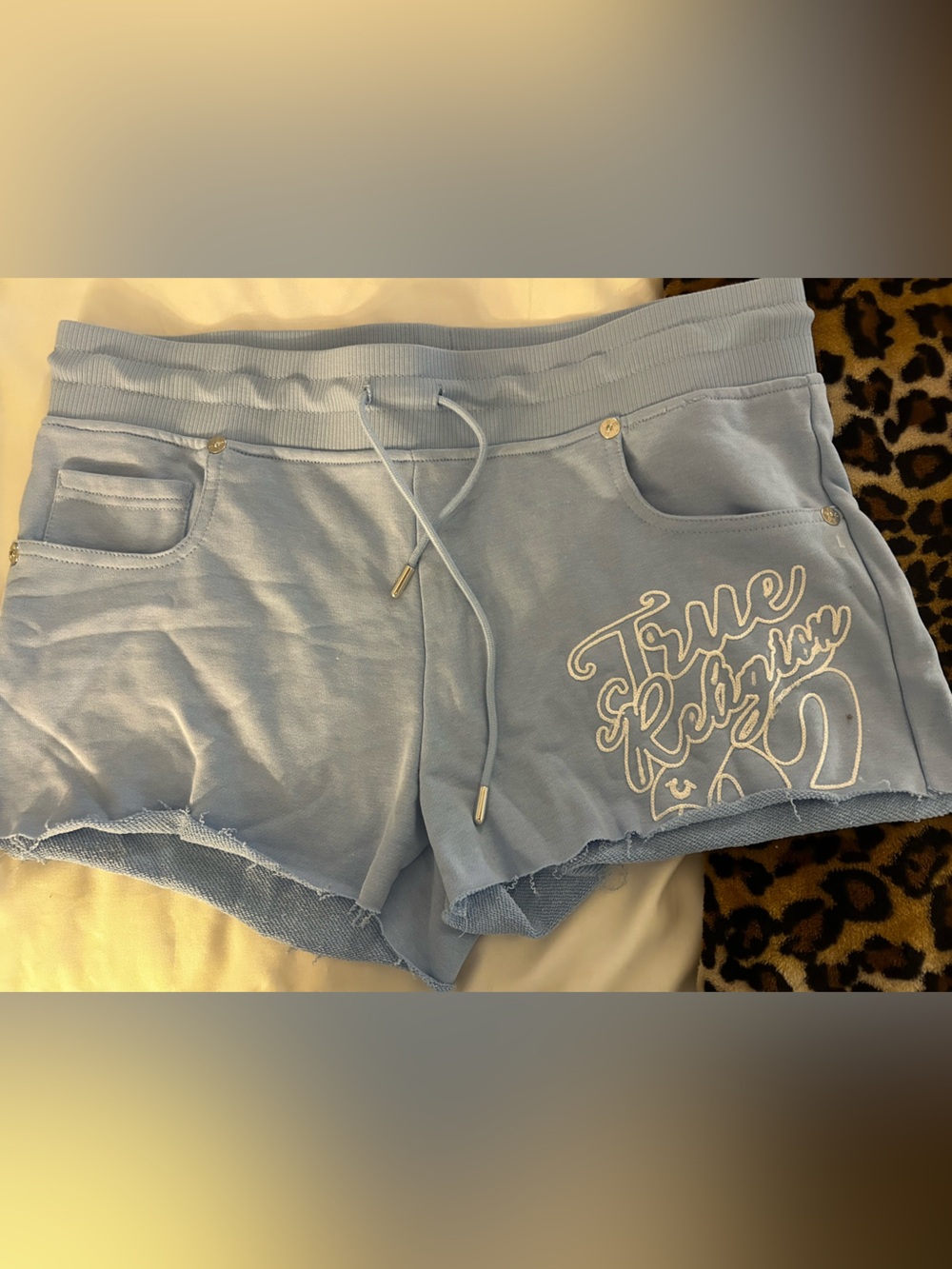 True Religion Light Blue Drawstring Shorts with Embroidered Script